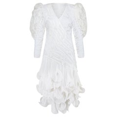 1980s Ann Balon White Puff Sleeve Wedding Dress with Ruffle Hem