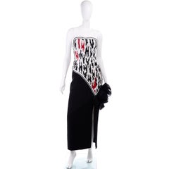 1980s Ann Lawrence Strapless Beaded Black Red & White Vintage Dress W Sequins
