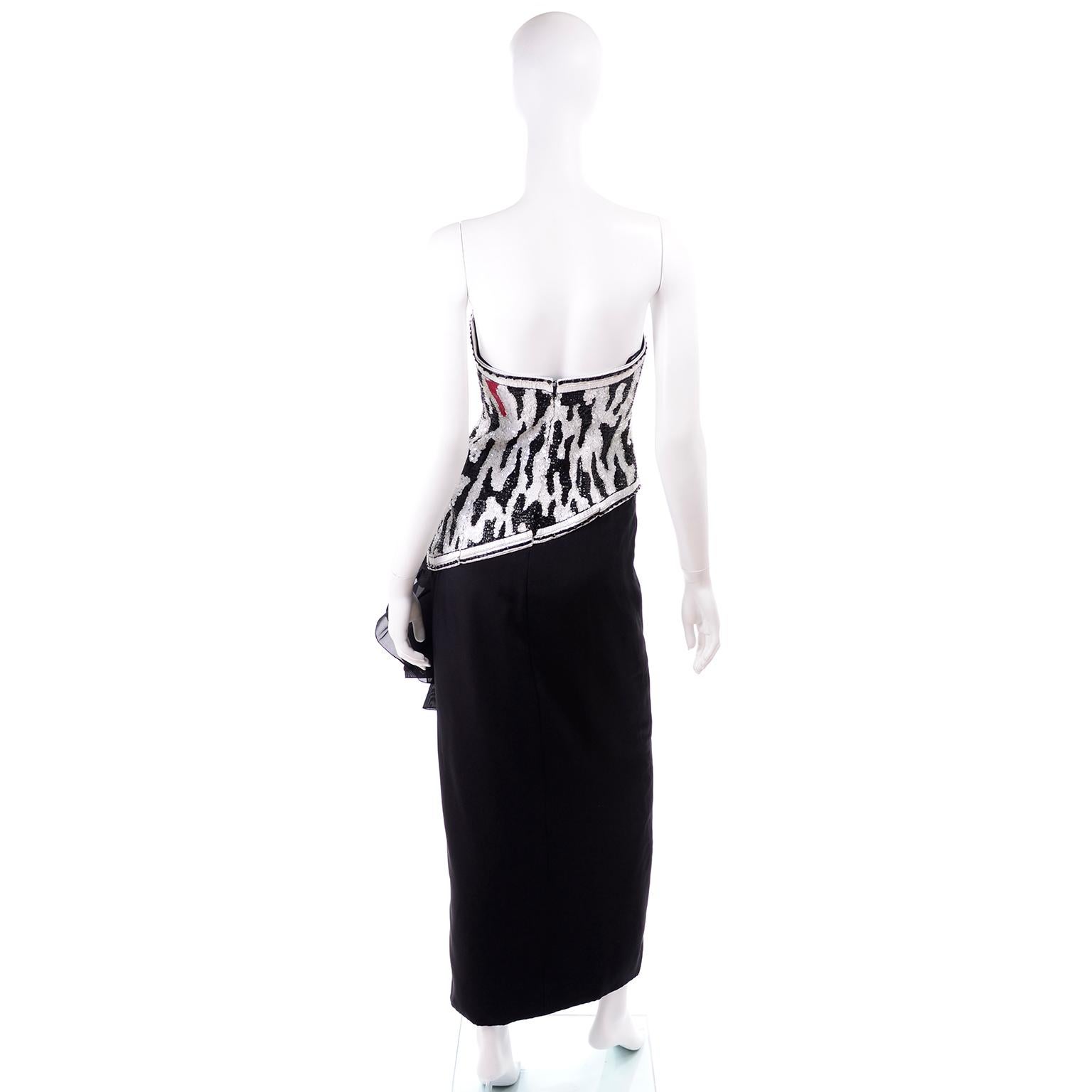 1980s Ann Lawrence Strapless Beaded Black Red & White Vintage Dress W Sequins In Excellent Condition For Sale In Portland, OR