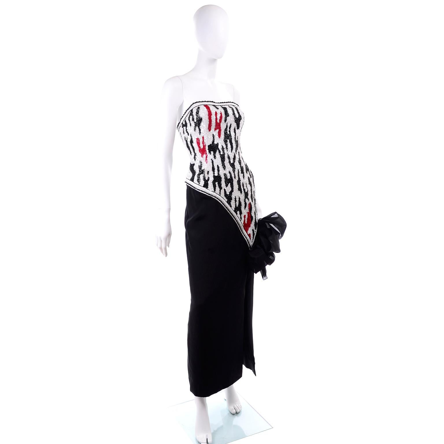 Women's 1980s Ann Lawrence Strapless Beaded Black Red & White Vintage Dress W Sequins For Sale