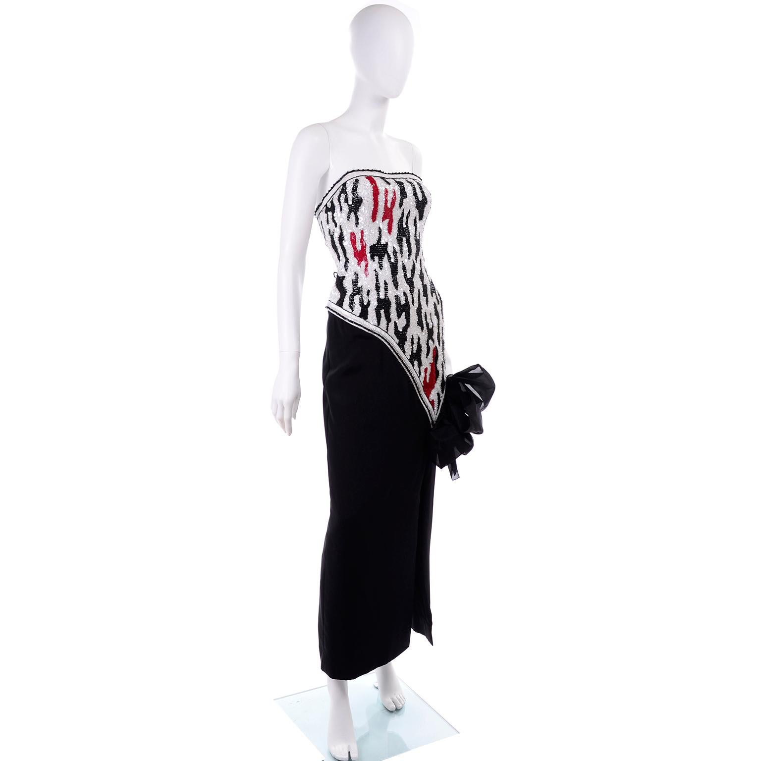 1980s Ann Lawrence Strapless Beaded Black Red & White Vintage Dress W Sequins For Sale 1