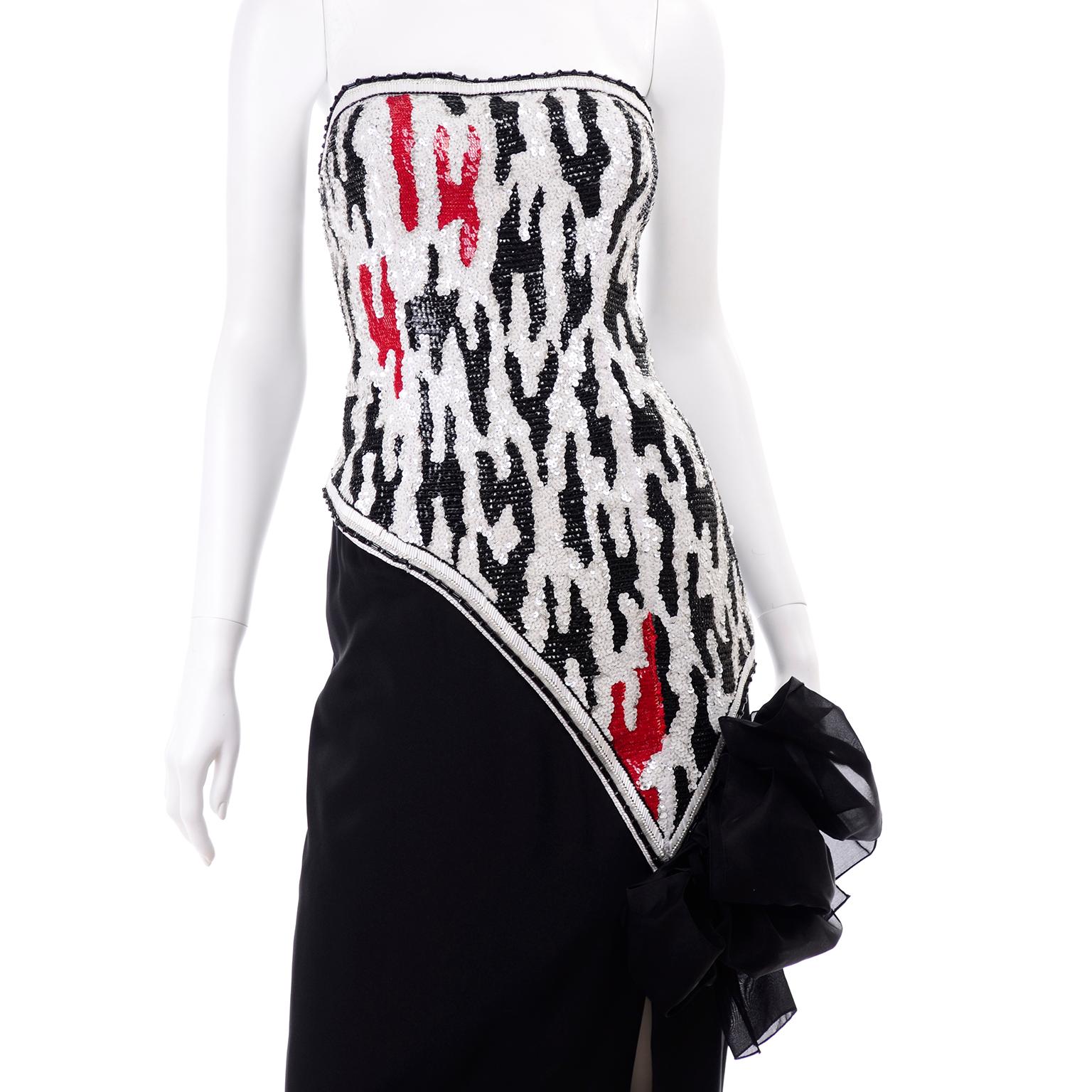 1980s Ann Lawrence Strapless Beaded Black Red & White Vintage Dress W Sequins For Sale 2