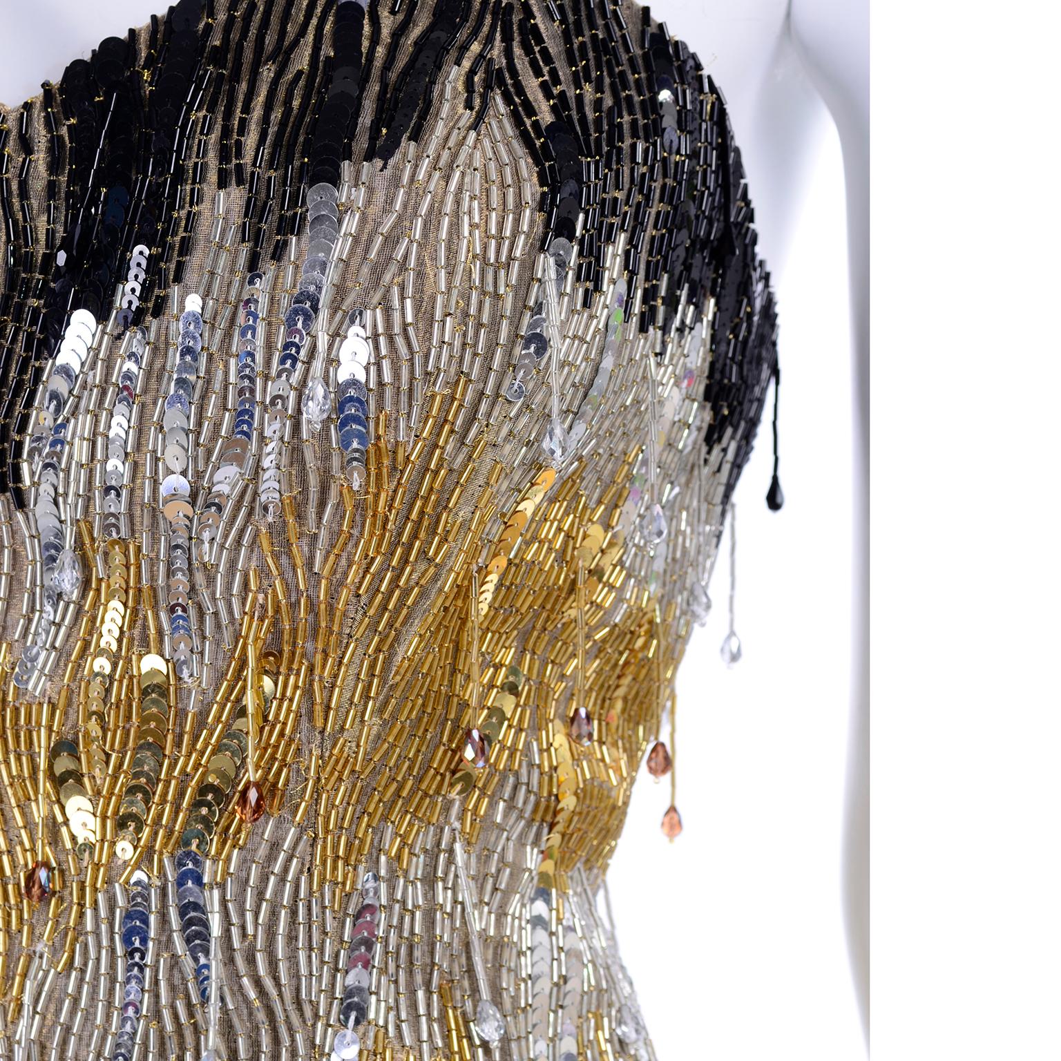 1980s Ann Lawrence Vintage Gold & Black Evening Dress w Beads Sequins & Crystals For Sale 6
