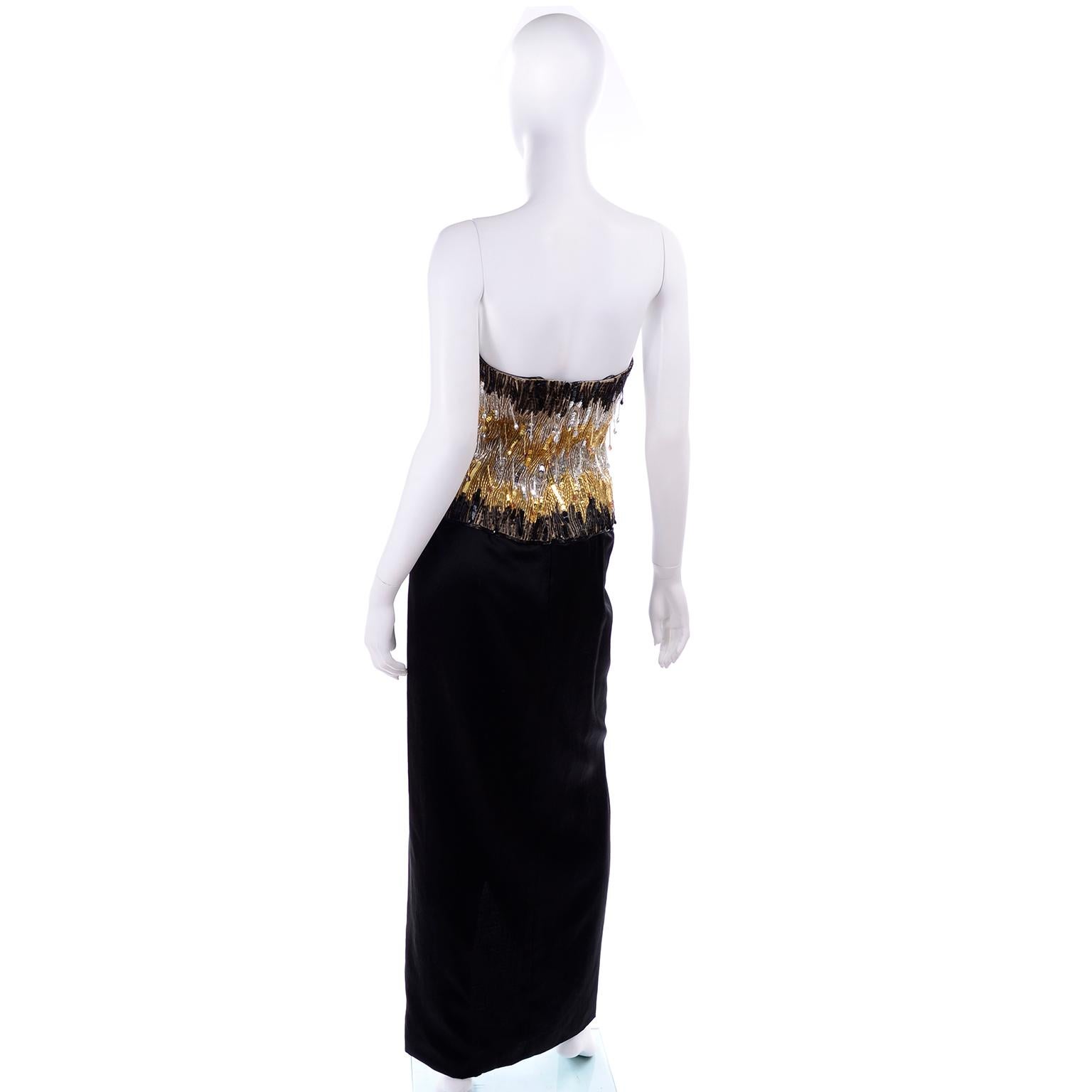 1980s Ann Lawrence Vintage Gold & Black Evening Dress w Beads Sequins & Crystals In Excellent Condition For Sale In Portland, OR