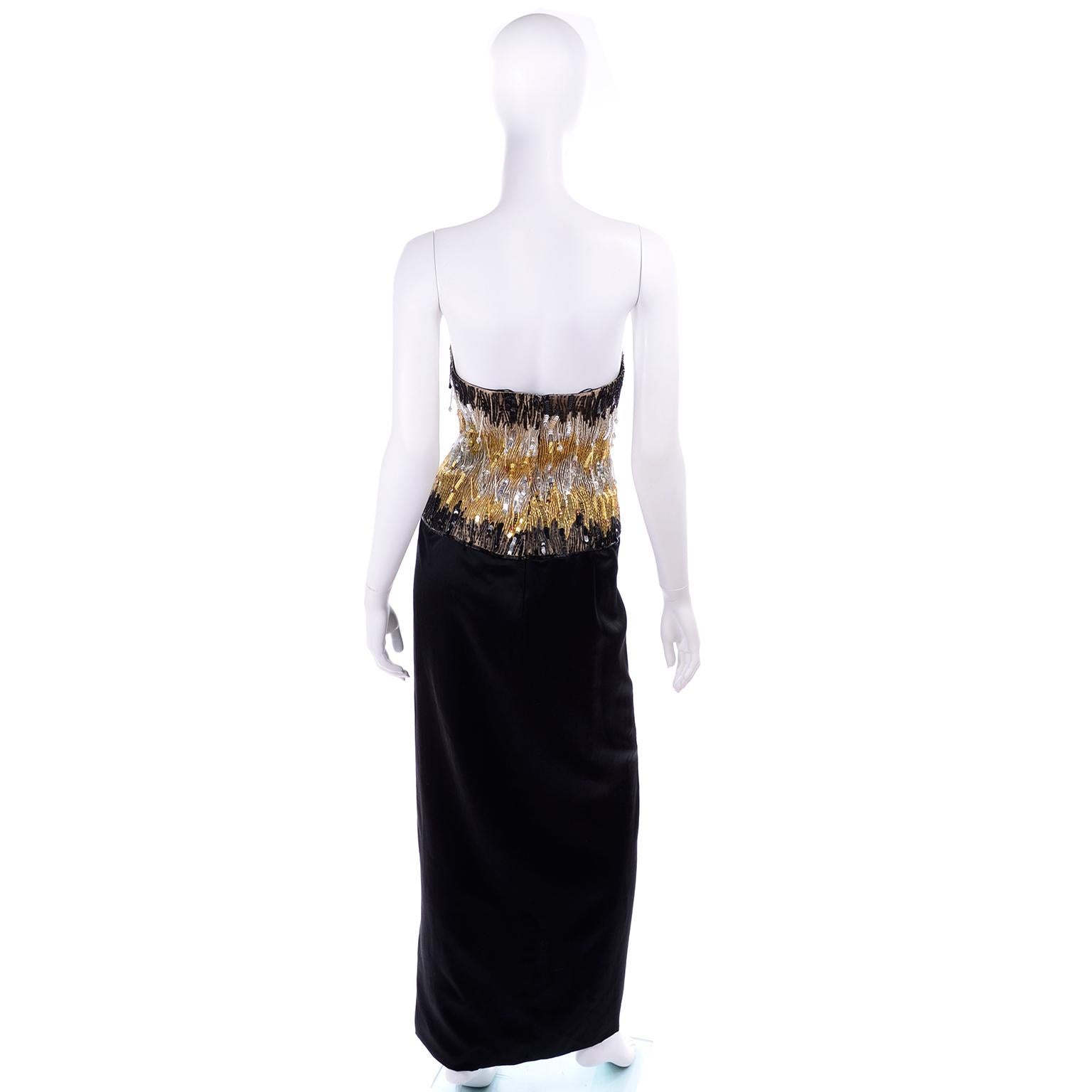 Women's 1980s Ann Lawrence Vintage Gold & Black Evening Dress w Beads Sequins & Crystals For Sale