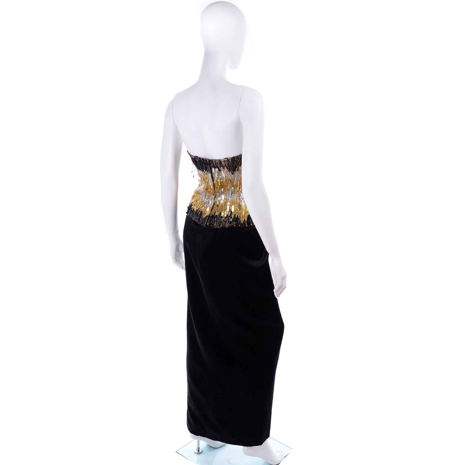 1980s Ann Lawrence Vintage Gold & Black Evening Dress w Beads Sequins & Crystals For Sale 1