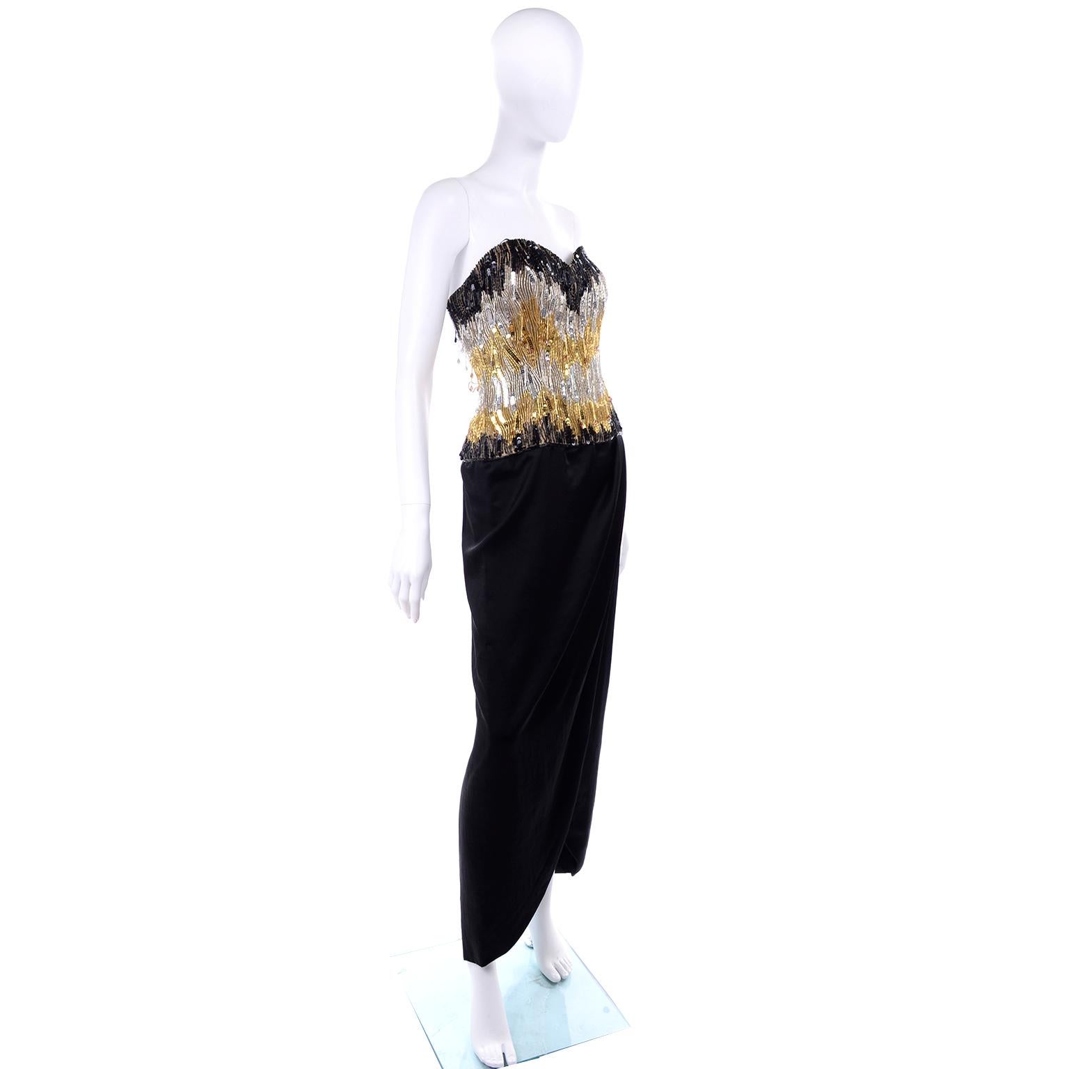 1980s Ann Lawrence Vintage Gold & Black Evening Dress w Beads Sequins & Crystals For Sale 2