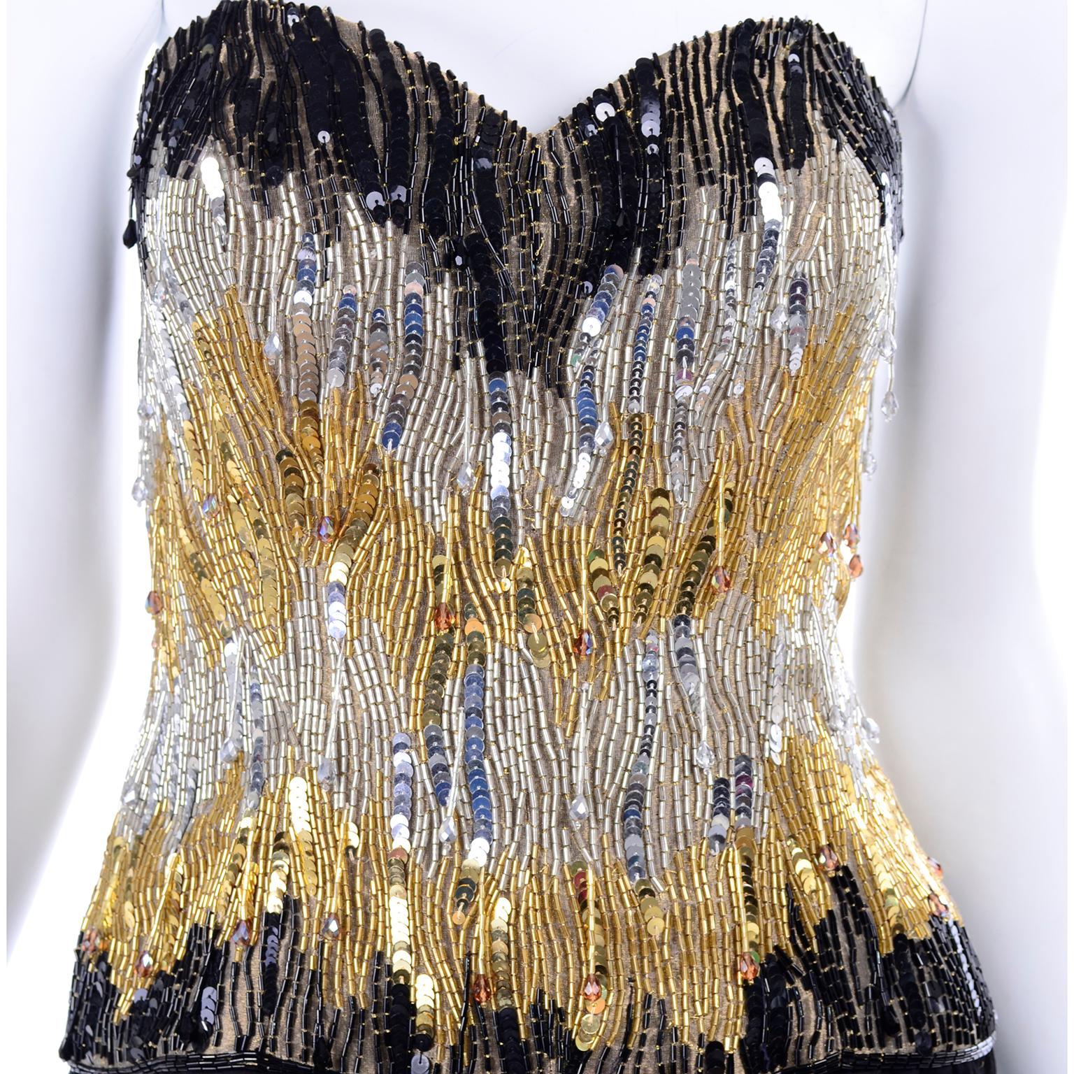 1980s Ann Lawrence Vintage Gold & Black Evening Dress w Beads Sequins & Crystals For Sale 3