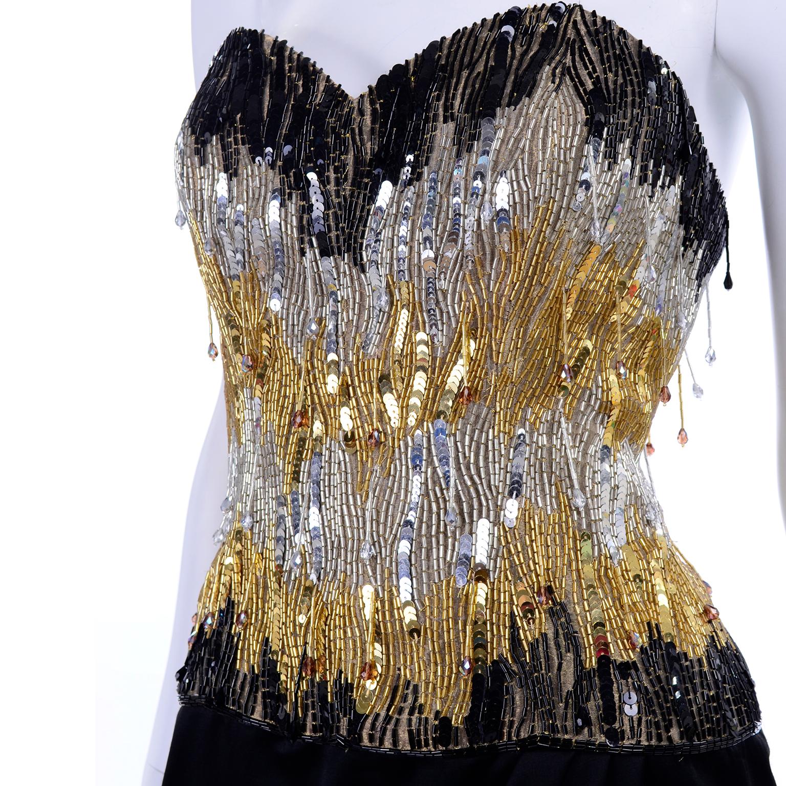 1980s Ann Lawrence Vintage Gold & Black Evening Dress w Beads Sequins & Crystals For Sale 4