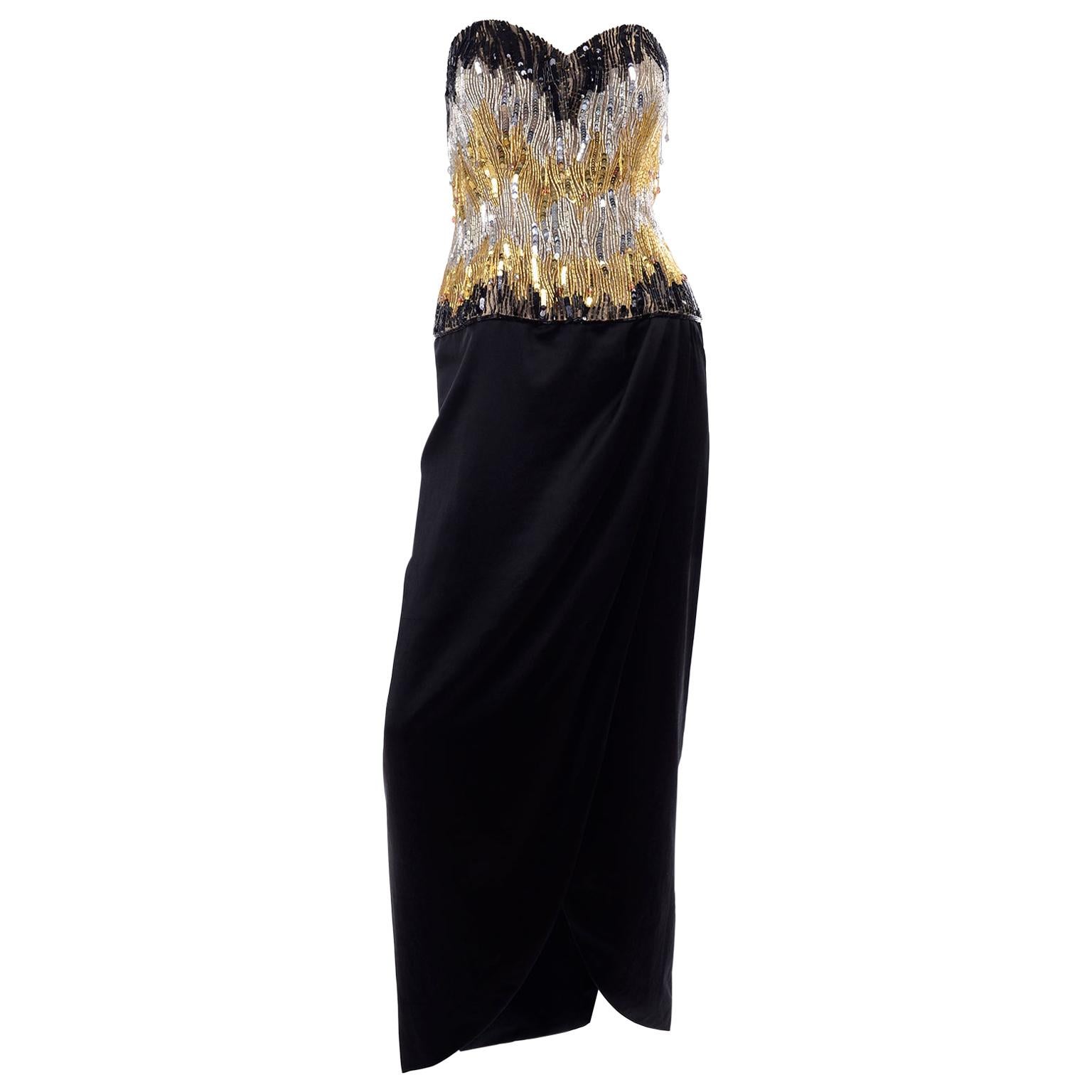 1980s Ann Lawrence Vintage Gold & Black Evening Dress w Beads Sequins & Crystals For Sale