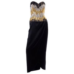 1980s Ann Lawrence Vintage Gold & Black Evening Dress w Beads Sequins & Crystals