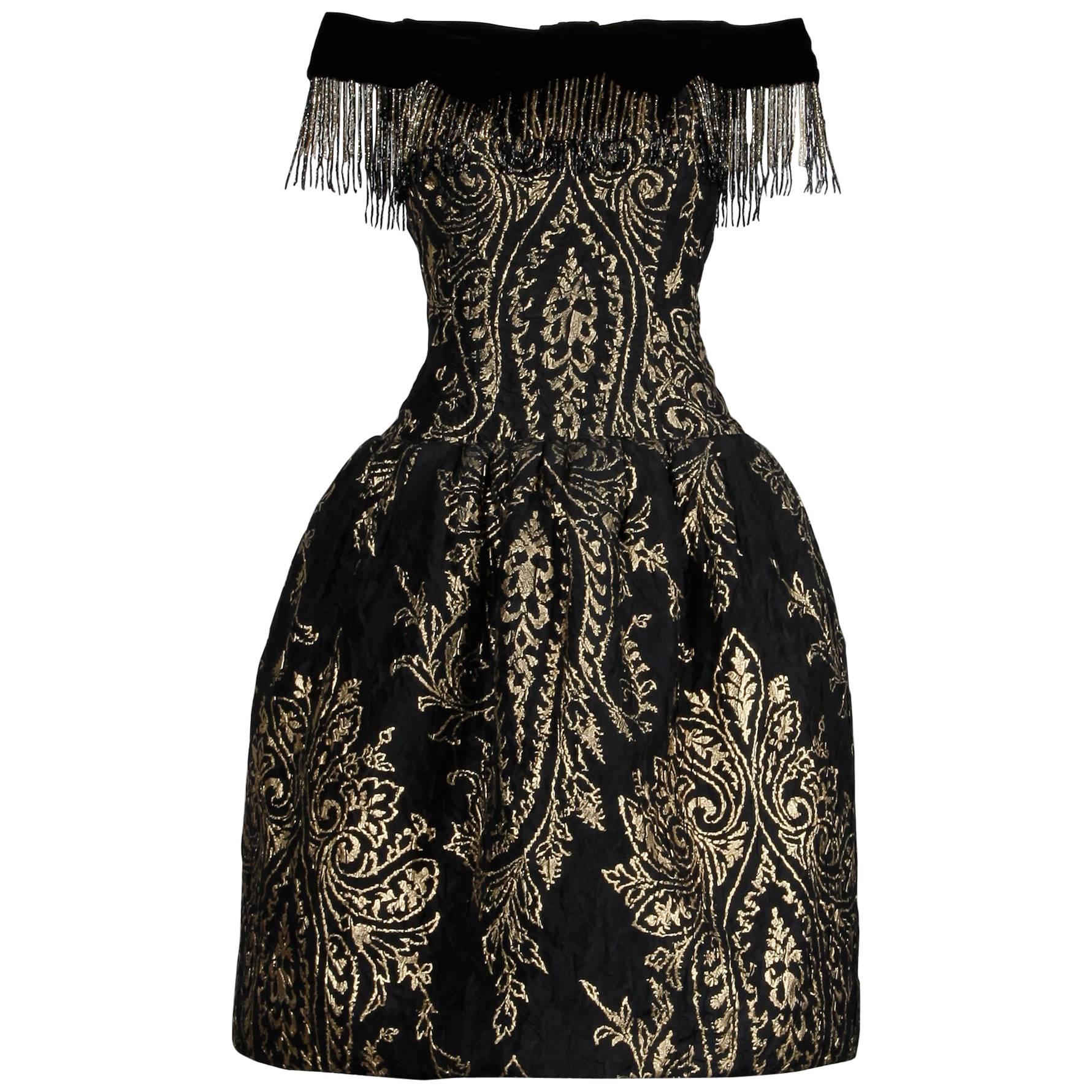 1980s Ann Lawrence Vintage Metallic Gold and Black Beaded Fringe Evening Dress For Sale