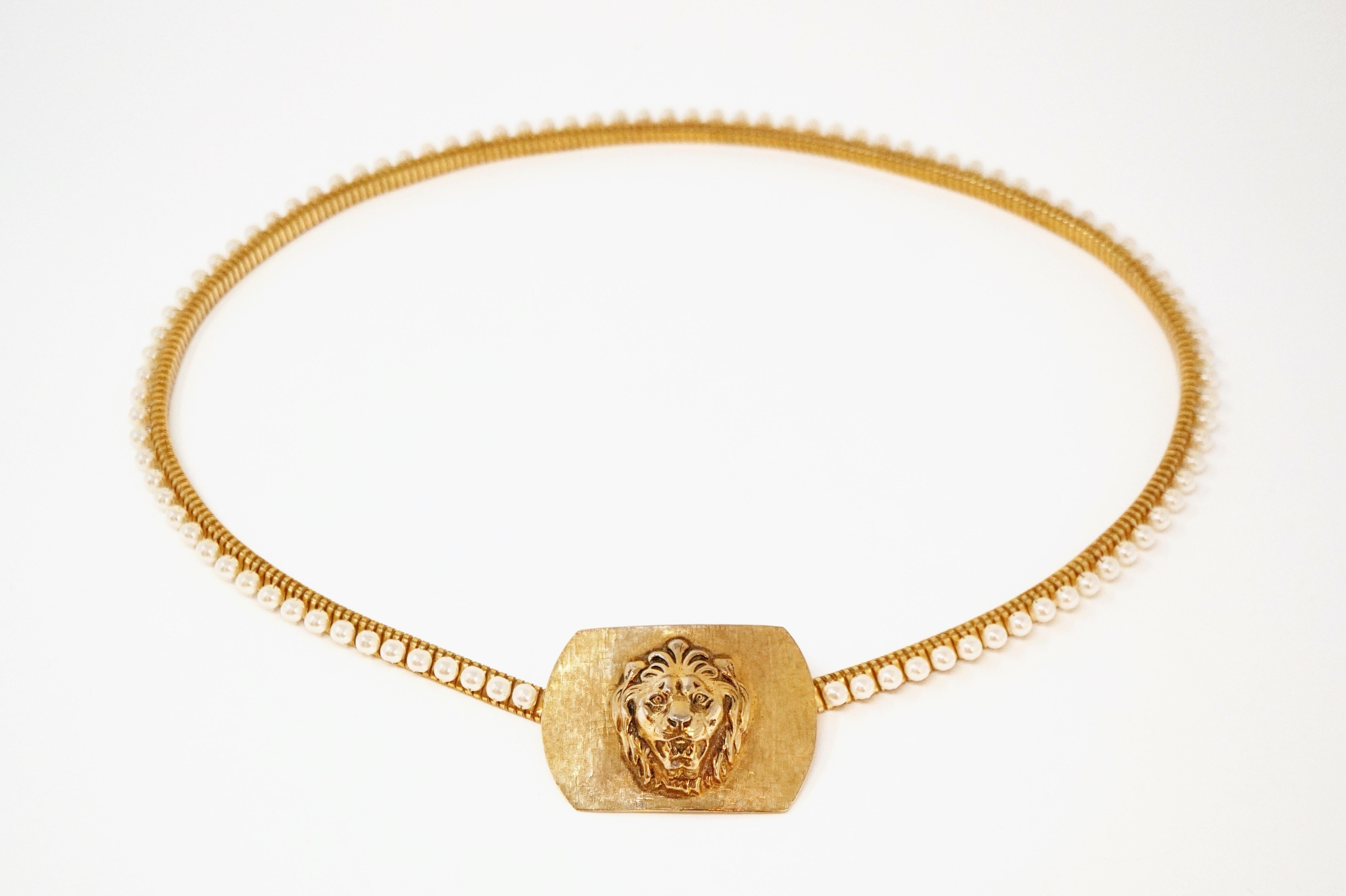 1980s Anne Klein For Accessocraft Lion Head Stretch Belt with Pearls, Signed 12