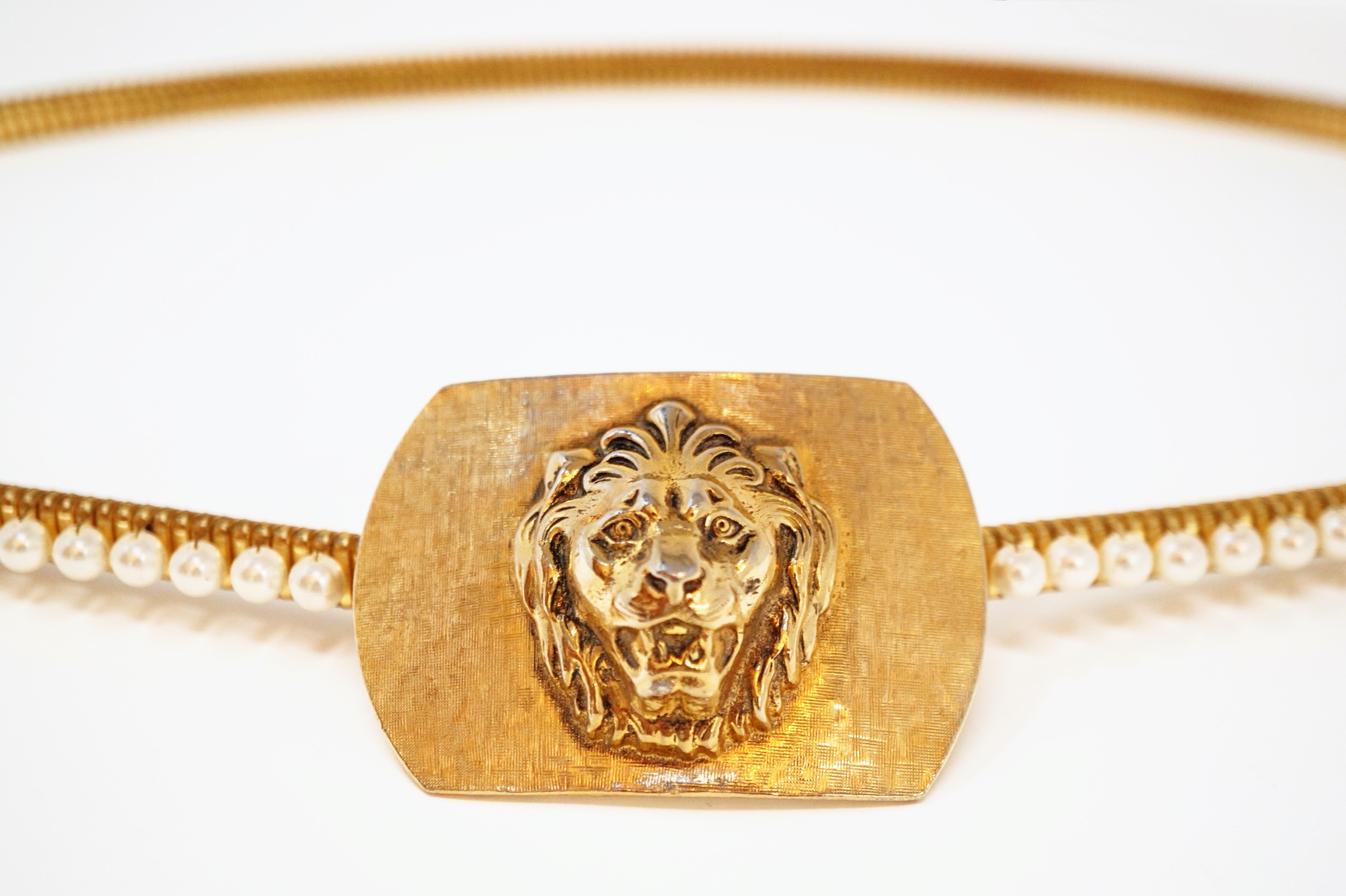 1980s Anne Klein For Accessocraft Lion Head Stretch Belt with Pearls, Signed 1