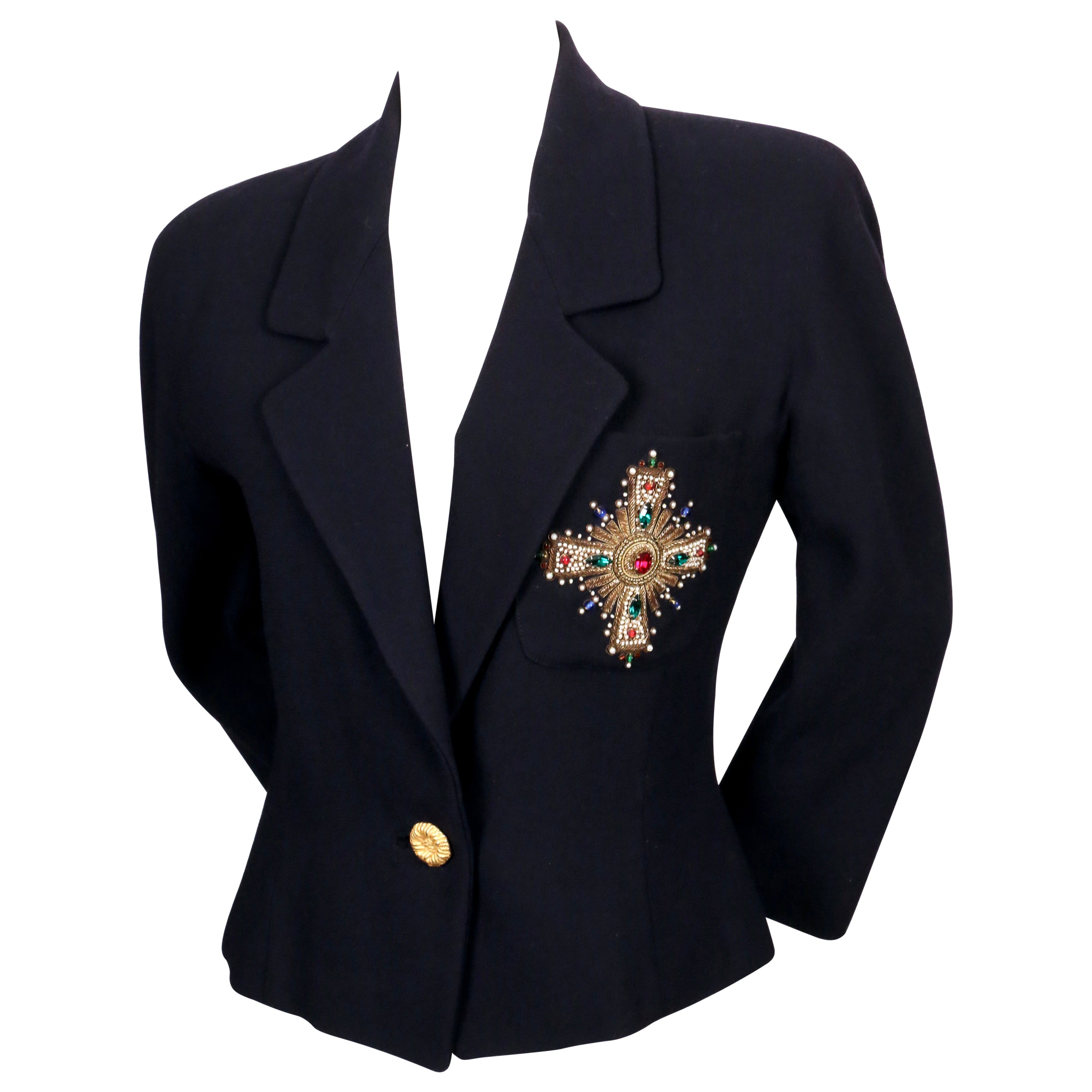Giacca ANNE KLEIN anni '80 in lana blu con dettaglio di croce bizantina gioiello in vendita