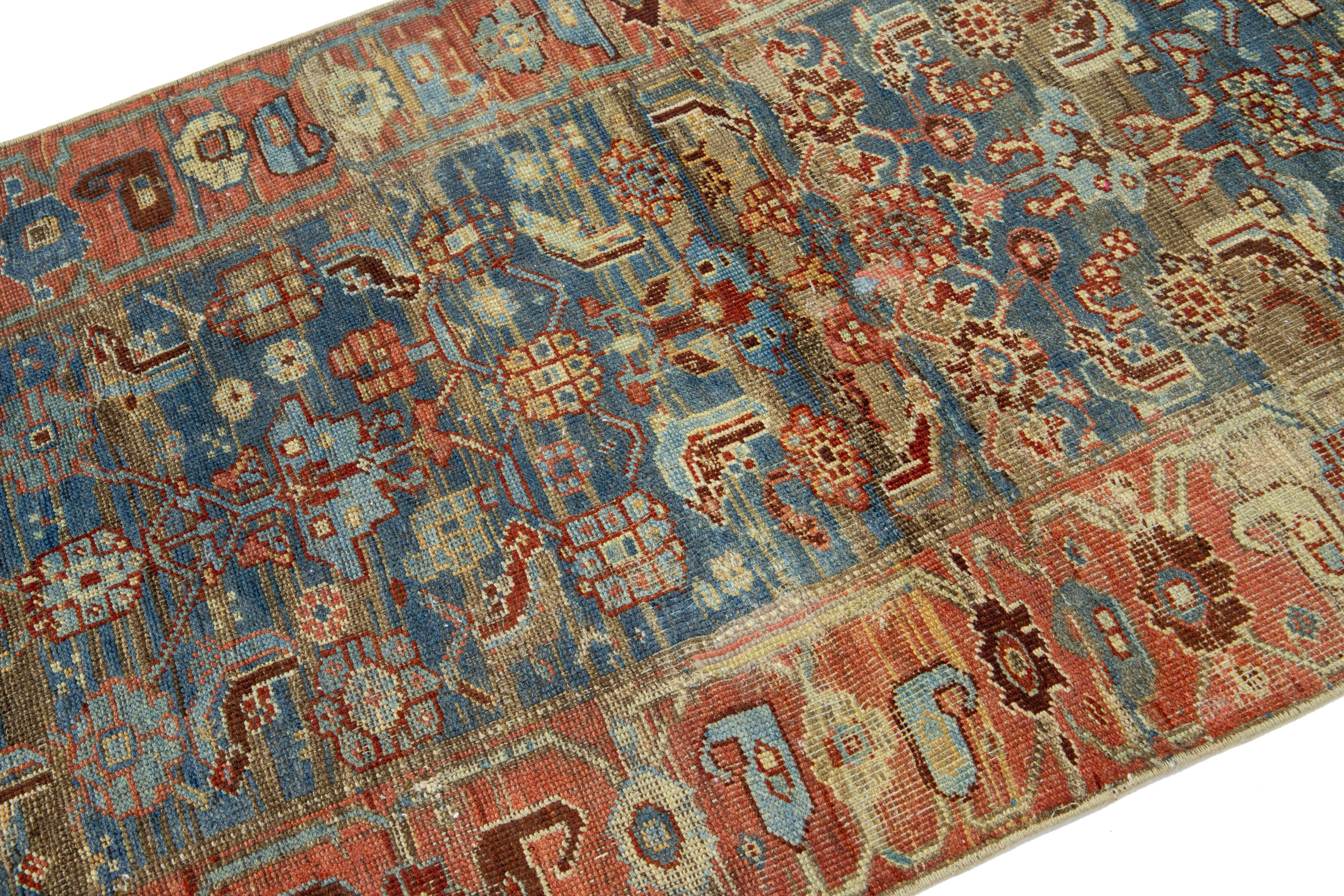 Islamic 1980s Antique Blue Bidjar Handmade Floral Wool Runner with Allover Design For Sale