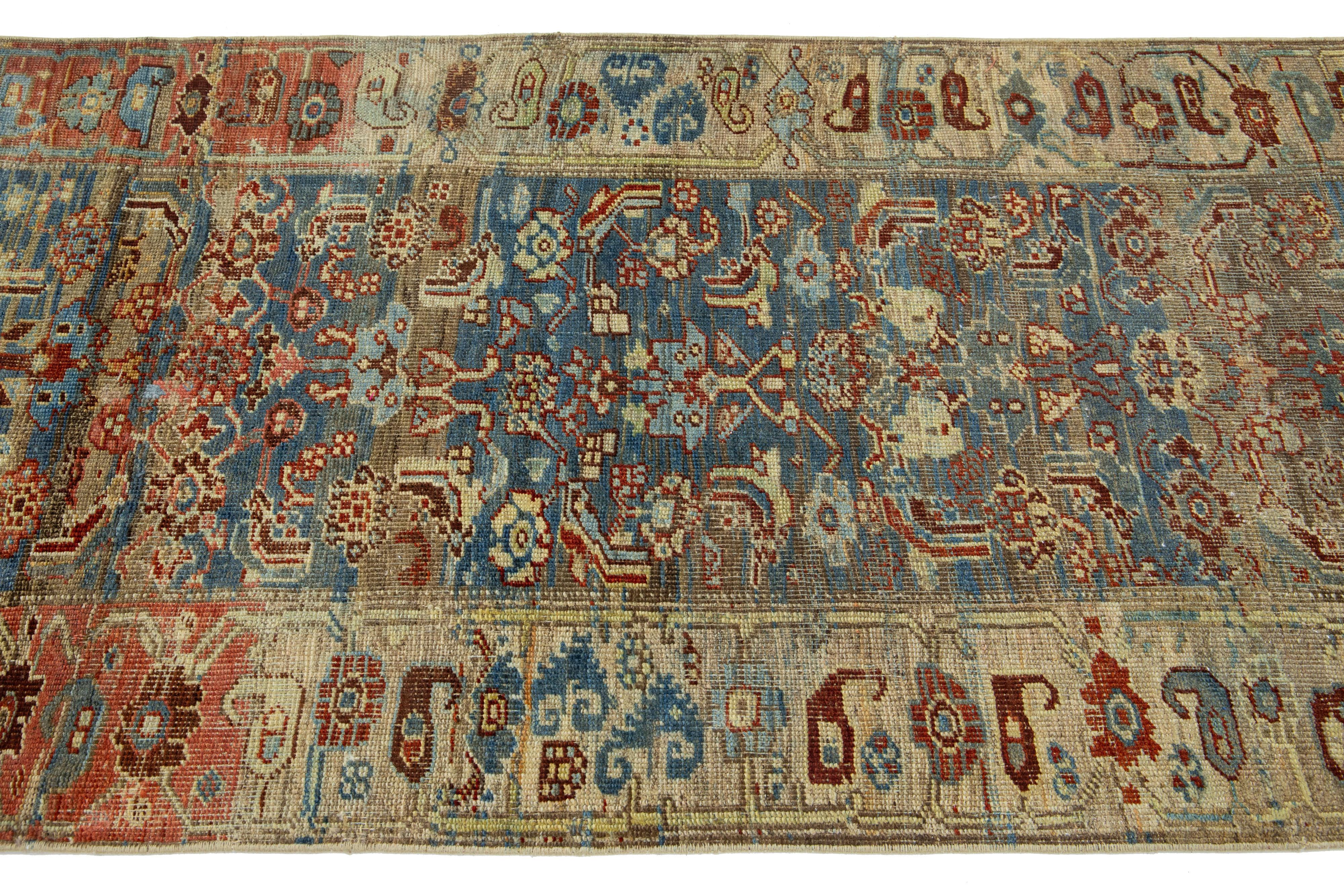 Persian 1980s Antique Blue Bidjar Handmade Floral Wool Runner with Allover Design For Sale