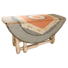 1980s Antique Folding Wooden Table Painted with Geometric Decoration