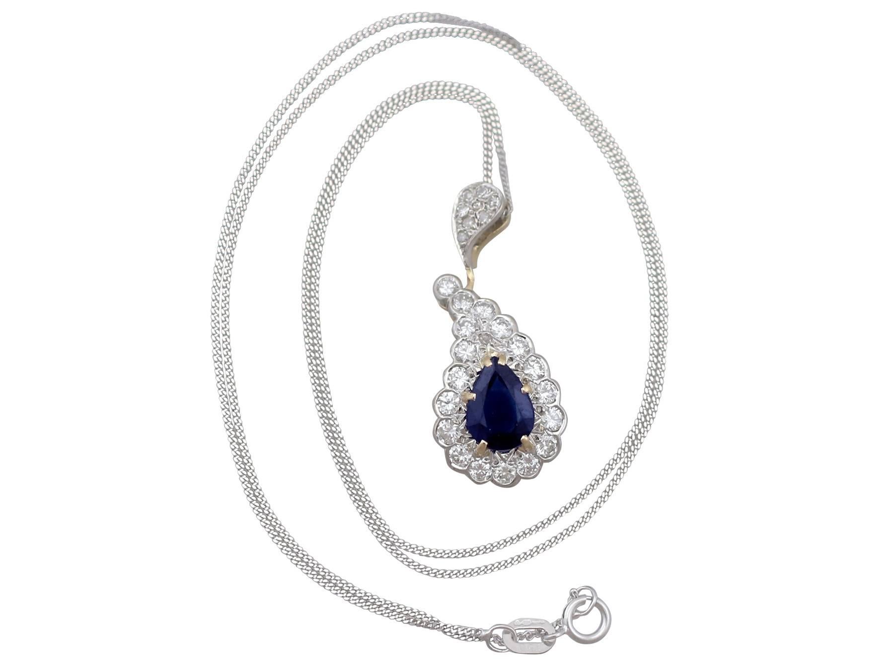 An impressive vintage French 1.18 carat blue sapphire and 0.82 carat diamond, 18 karat yellow gold and 18 karat white gold set pendant; part of our diverse gemstone jewelry collections.

This fine and impressive pear cut sapphire pendant has been