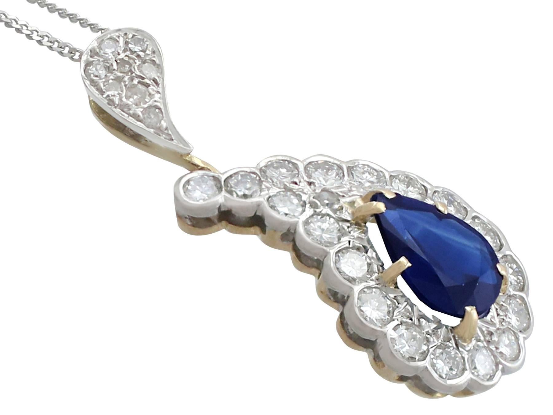 Pear Cut 1980s Antique French Sapphire and Diamond Yellow Gold Pendant