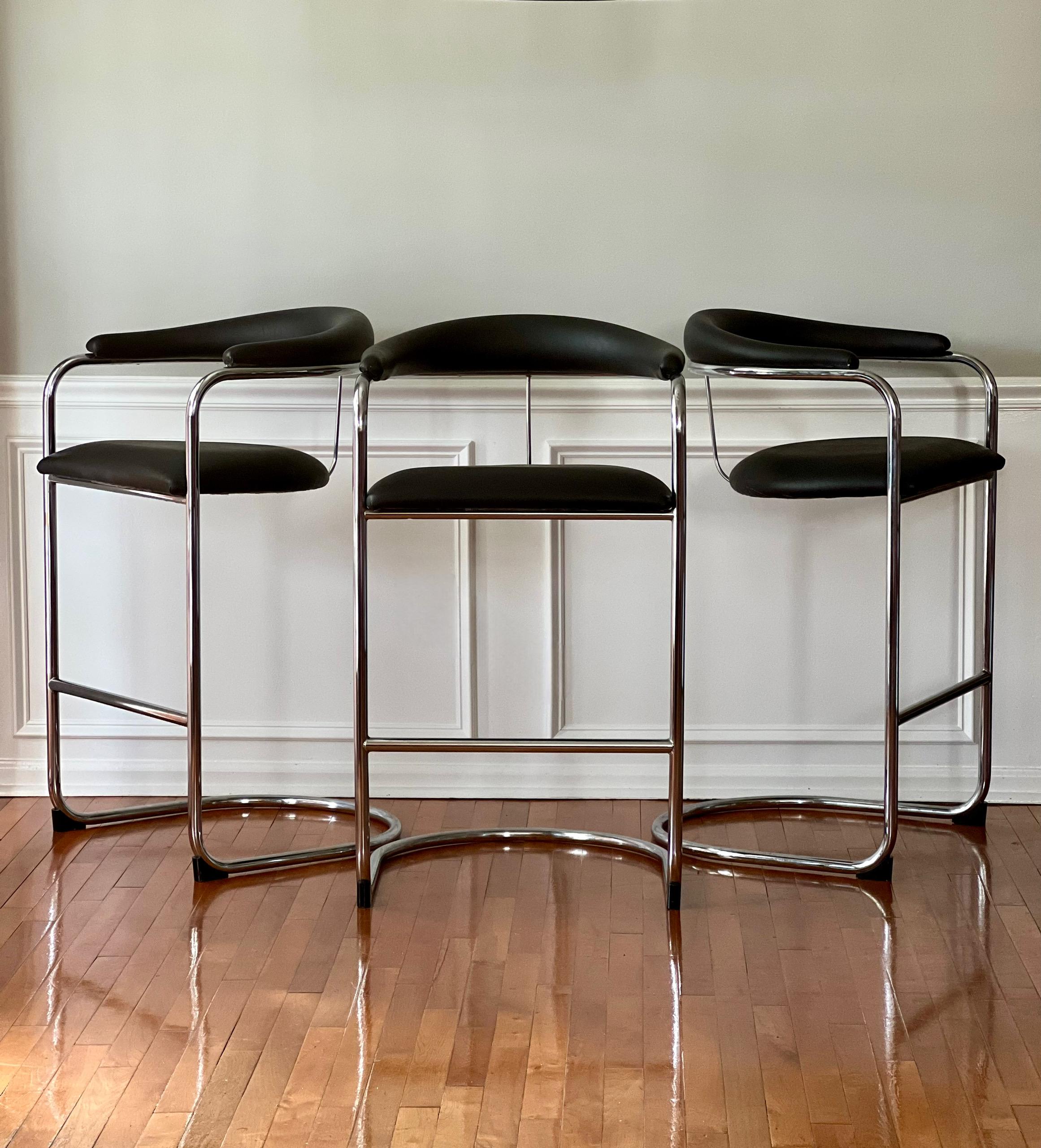 1980's Anton Lorenz for Thonet Black and Chrome Cantilever Bar Stools, Set of 3 For Sale 2