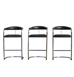 1980s Anton Lorenz for Thonet Black and Chrome Cantilever Bar Stools, Set of 3