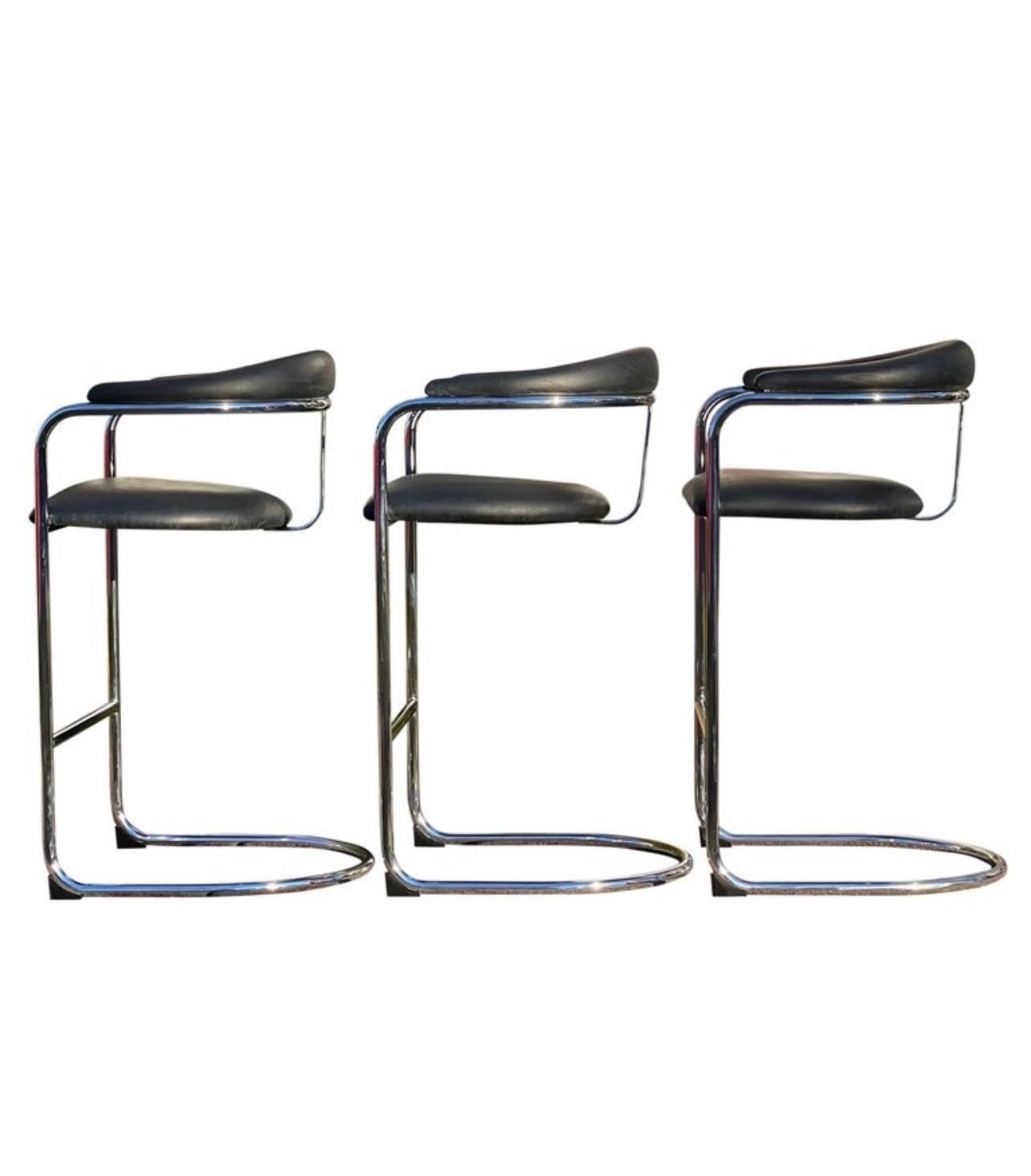 Bauhaus 1980s Anton Lorenz for Thonet Black and Chrome Cantilever Bar Stools, Set of 3