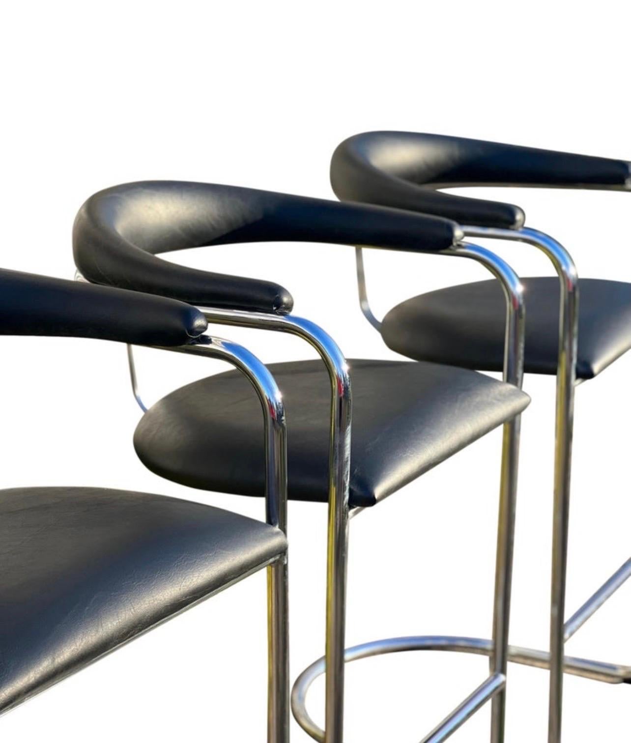 North American 1980s Anton Lorenz for Thonet Black and Chrome Cantilever Bar Stools, Set of 3