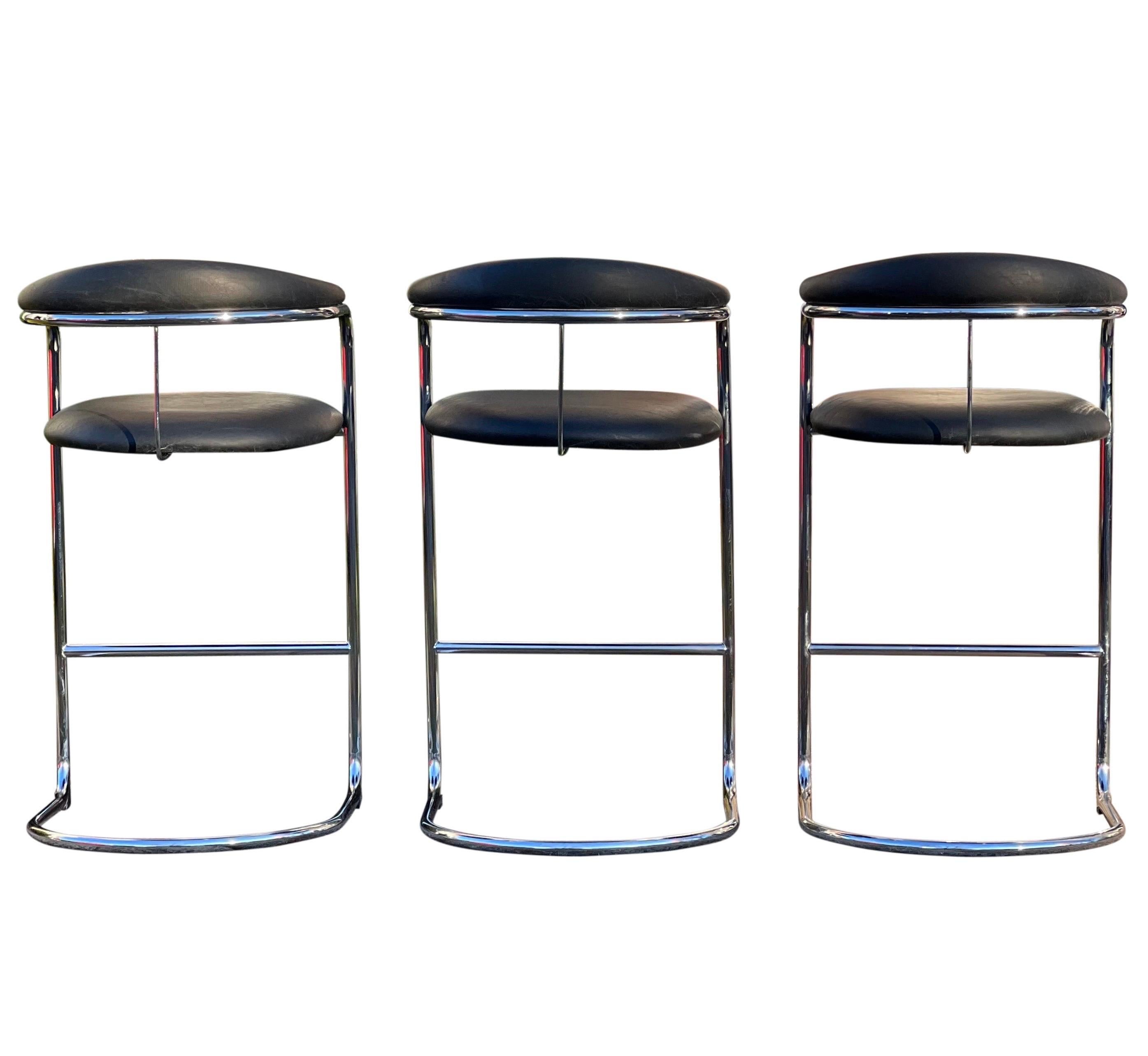North American 1980's Anton Lorenz for Thonet Black and Chrome Cantilever Bar Stools, Set of 3 For Sale