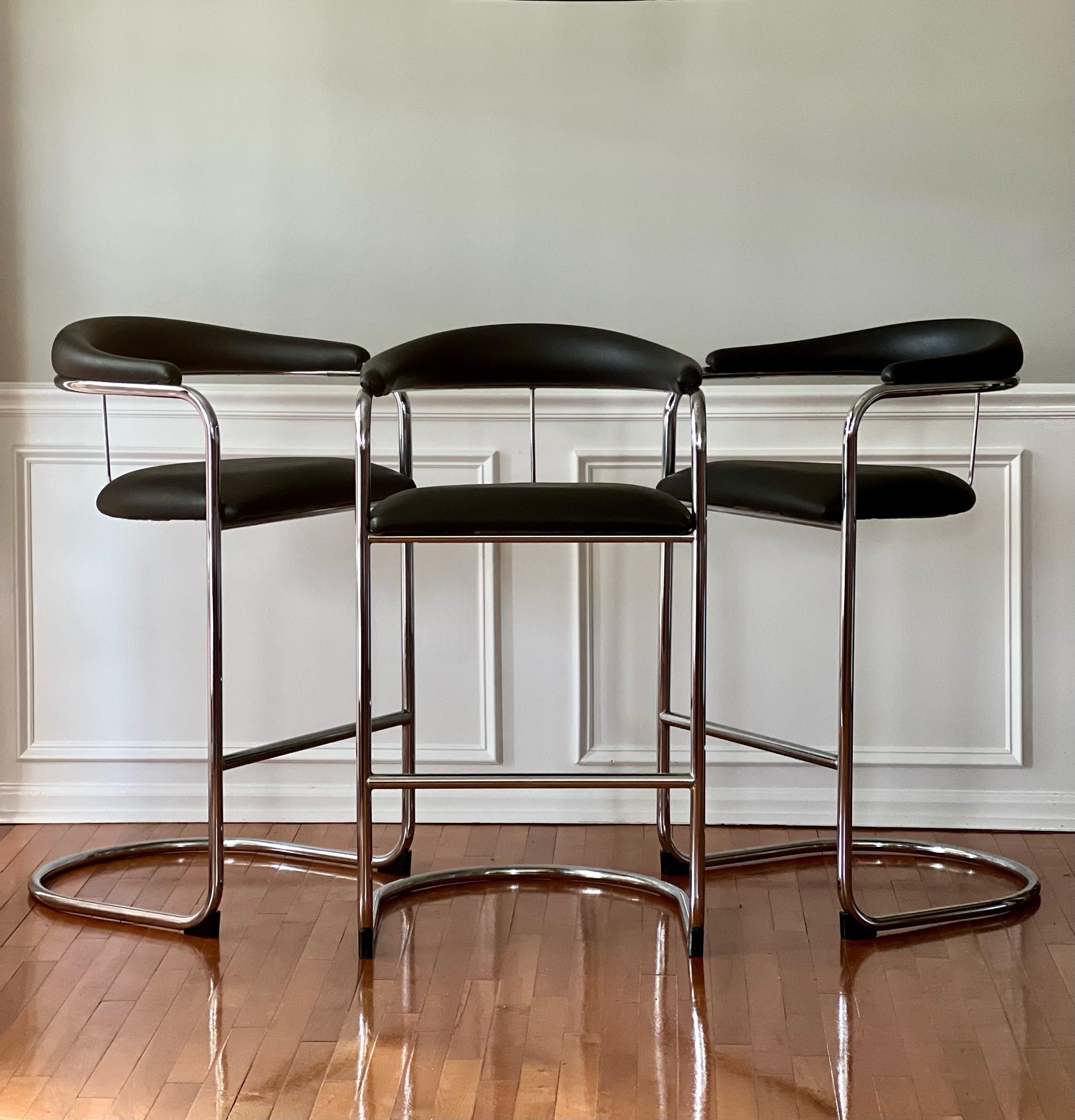 Upholstery 1980's Anton Lorenz for Thonet Black and Chrome Cantilever Bar Stools, Set of 3 For Sale