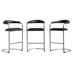 1980s Anton Lorenz for Thonet Black and Chrome Cantilever Bar Stools, Set of 3