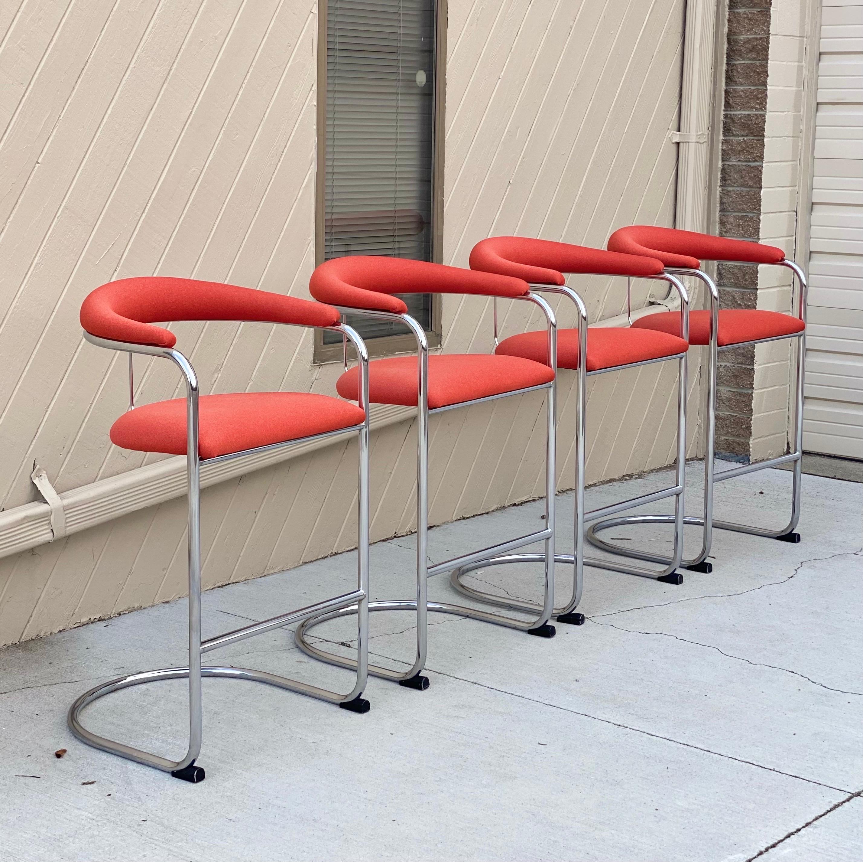 Mid-Century Modern 1980s Anton Lorenz for Thonet Tubular Cantilever Bar Counter Stools, Set 4