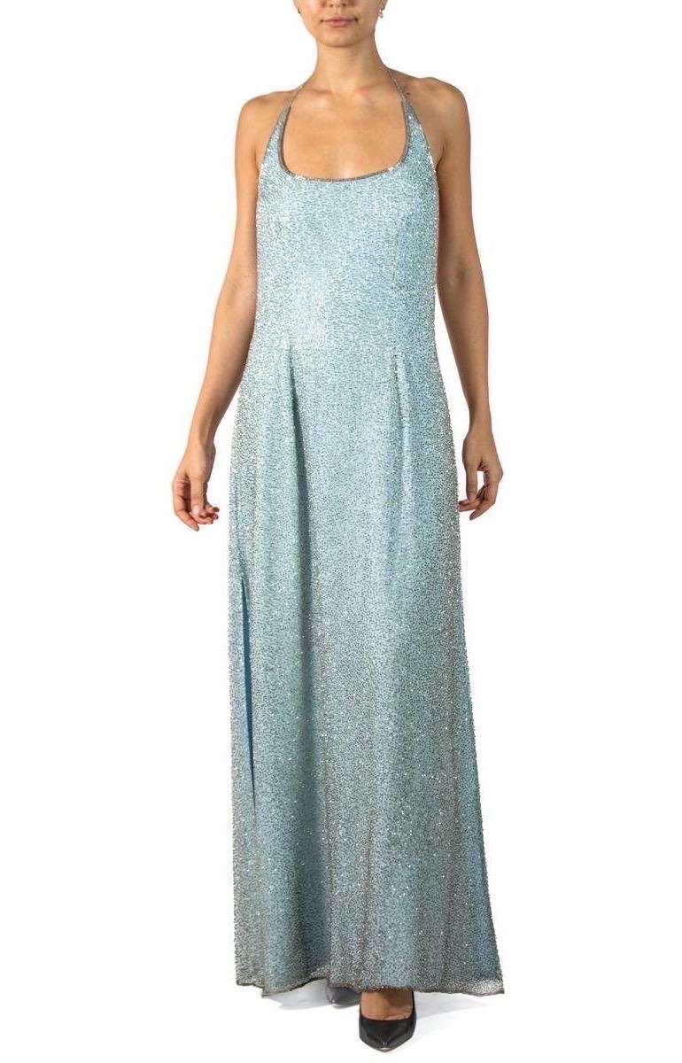 1980S Aqua Blue Pavé Beaded Silk Chiffon Gown With Slits In Excellent Condition For Sale In New York, NY