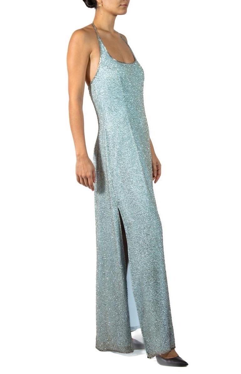 1980S Aqua Blue Pavé Beaded Silk Chiffon Gown With Slits For Sale 1