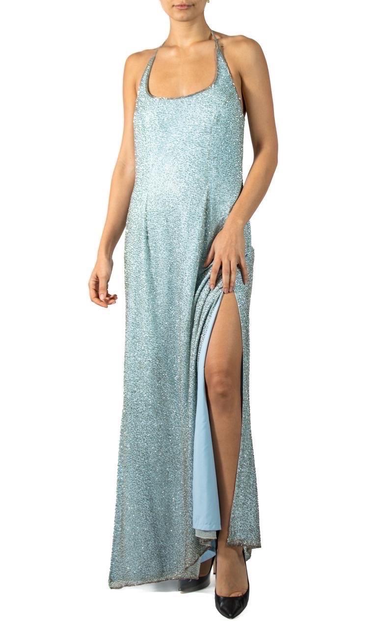 1980S Aqua Blue Pavé Beaded Silk Chiffon Gown With Slits For Sale 5