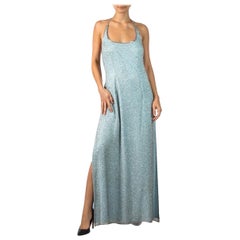 1980S Aqua Blue Pavé Beaded Silk Chiffon Gown With Slits