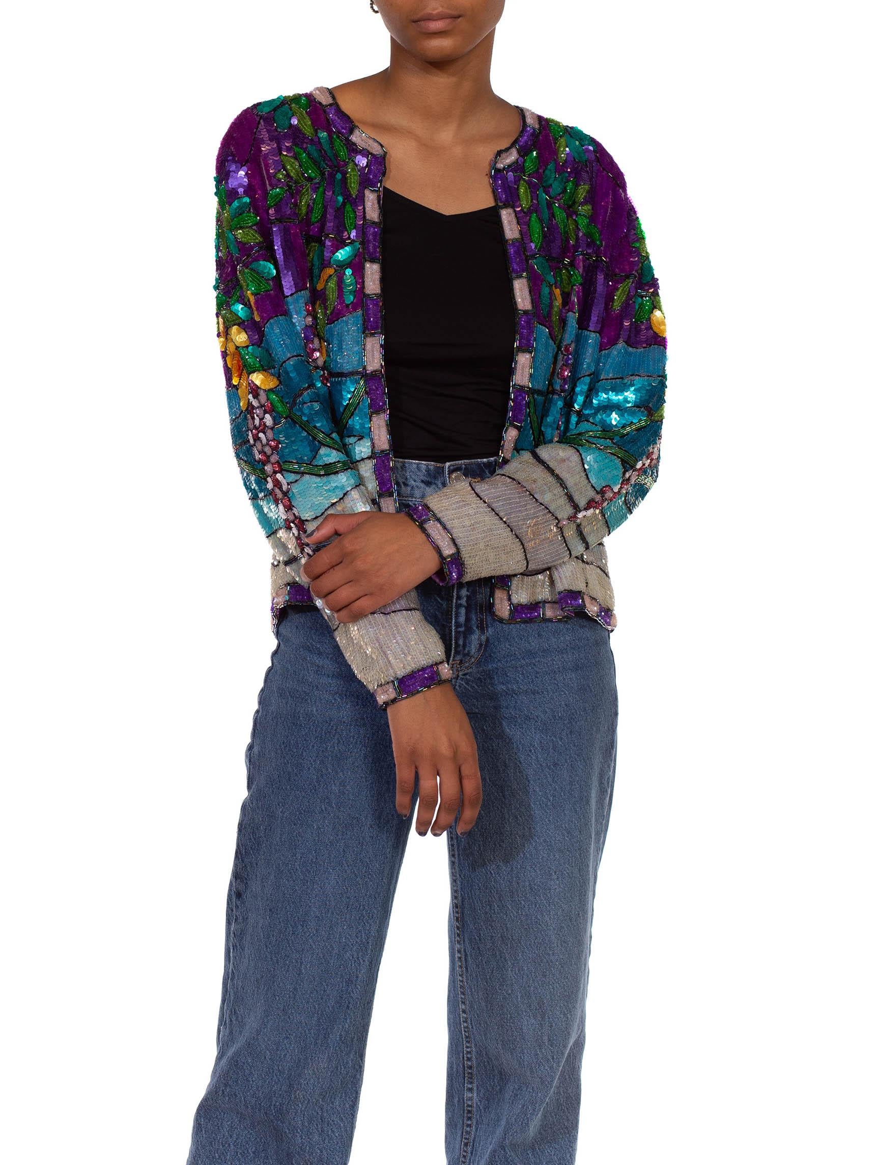 1980S Aqua Blue & Purple  Silk YSL Style Floral Sequin Jacket 3