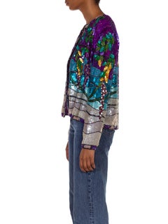 1980S Aqua Blue & Purple  Silk YSL Style Floral Sequin Jacket