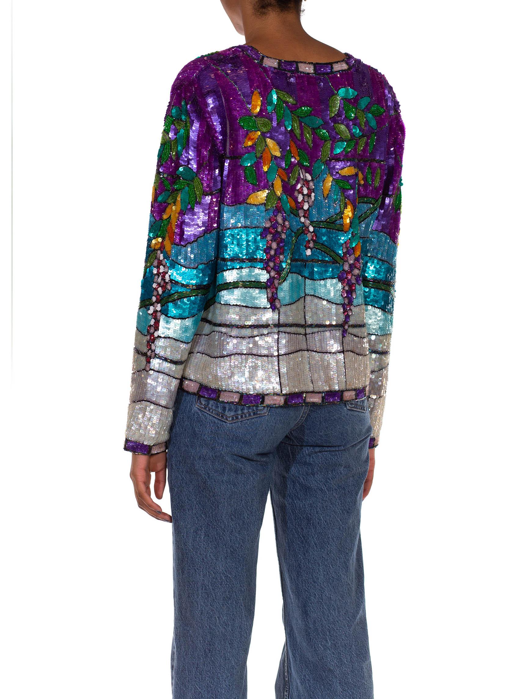 1980S Aqua Blue & Purple  Silk YSL Style Floral Sequin Jacket In Excellent Condition In New York, NY