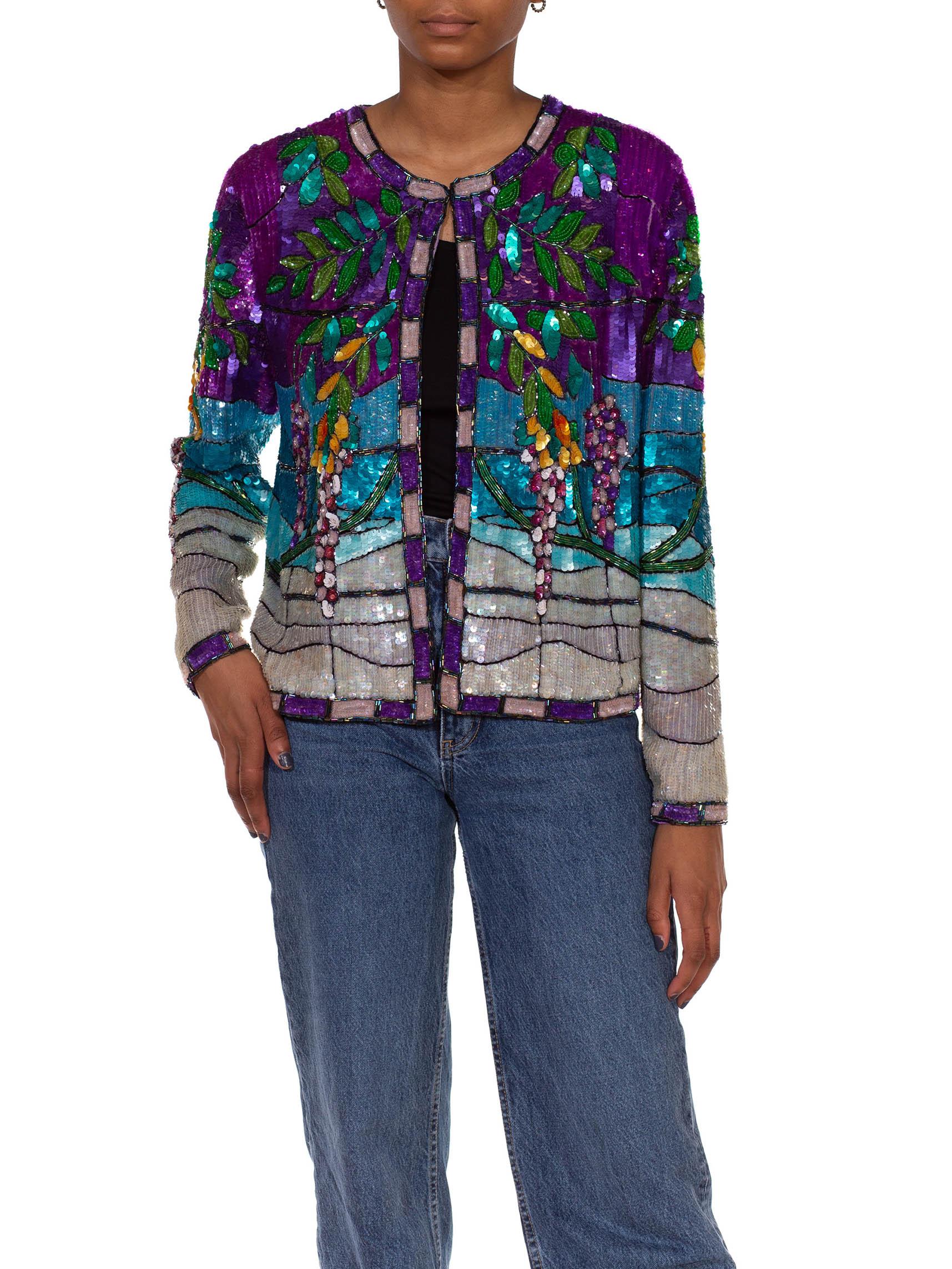 1980S Aqua Blue & Purple  Silk YSL Style Floral Sequin Jacket 1
