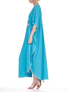 1980'S Aqua Blue & White Cotton Blend North African Kaftan With Cording Embroid