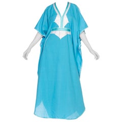 Vintage 1980'S Aqua Blue & White Cotton Blend North African Kaftan With Cording Embroid