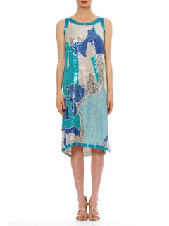 1980S Aquamarine Beaded Silk Cracked Glacier Ice Cocktail Dress