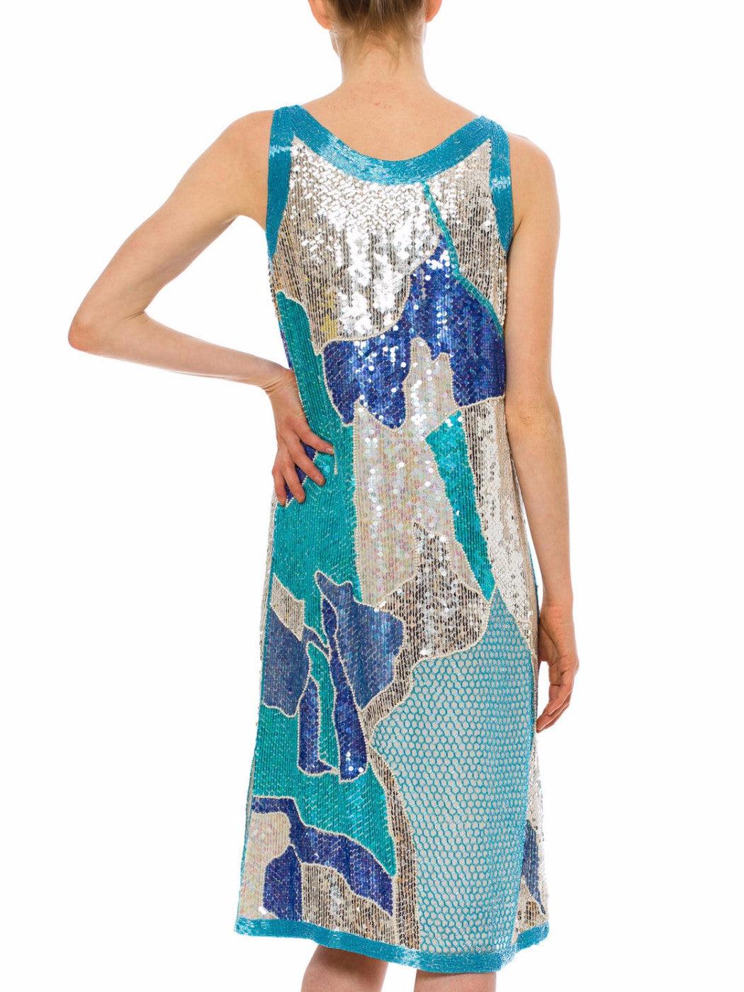 1980S Aquamarine Beaded Silk Cracked Glacier Ice Cocktail Dress For Sale 1