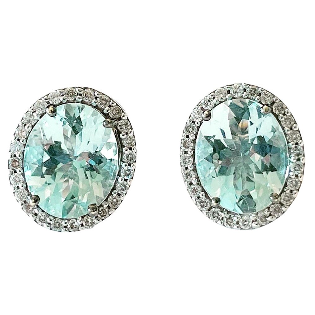 1980s, Aquamarine Diamond 18k White Gold Cluster Stud Earrings