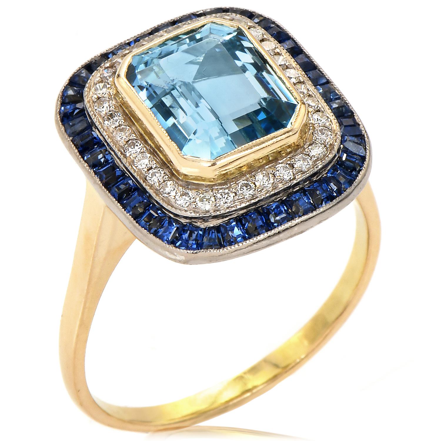 Emerald Cut 1980s Aquamarine Diamond Blue Sapphire 18k Gold Double Halo Cocktail Ring