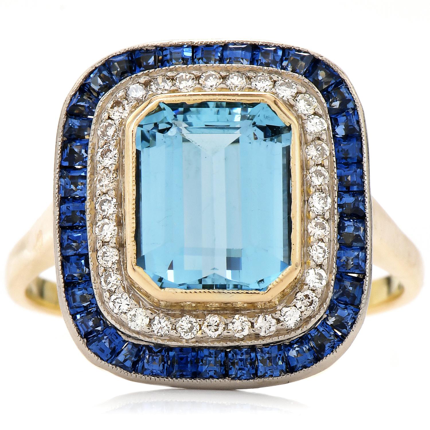 1980s Aquamarine Diamond Blue Sapphire 18k Gold Double Halo Cocktail Ring 1