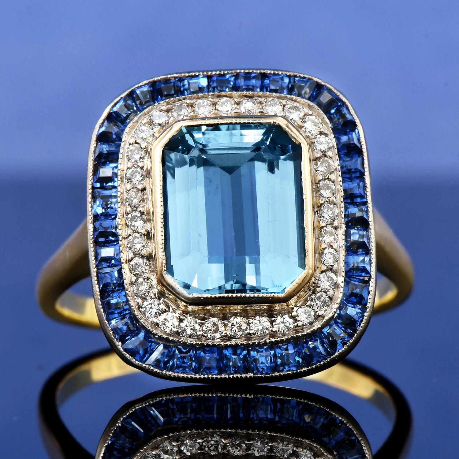 1980s Aquamarine Diamond Blue Sapphire 18k Gold Double Halo Cocktail Ring 2