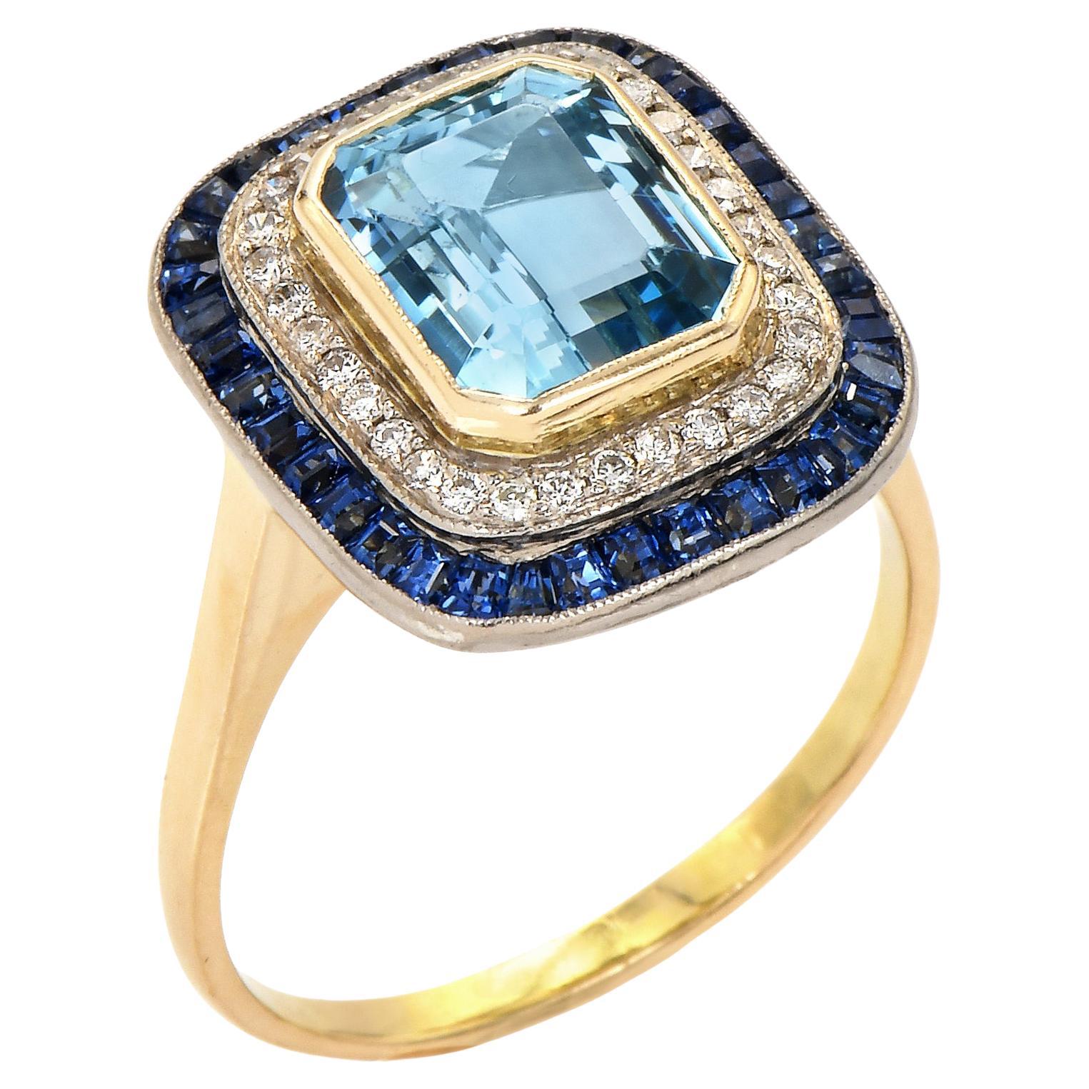 1980s Aquamarine Diamond Blue Sapphire 18k Gold Double Halo Cocktail Ring