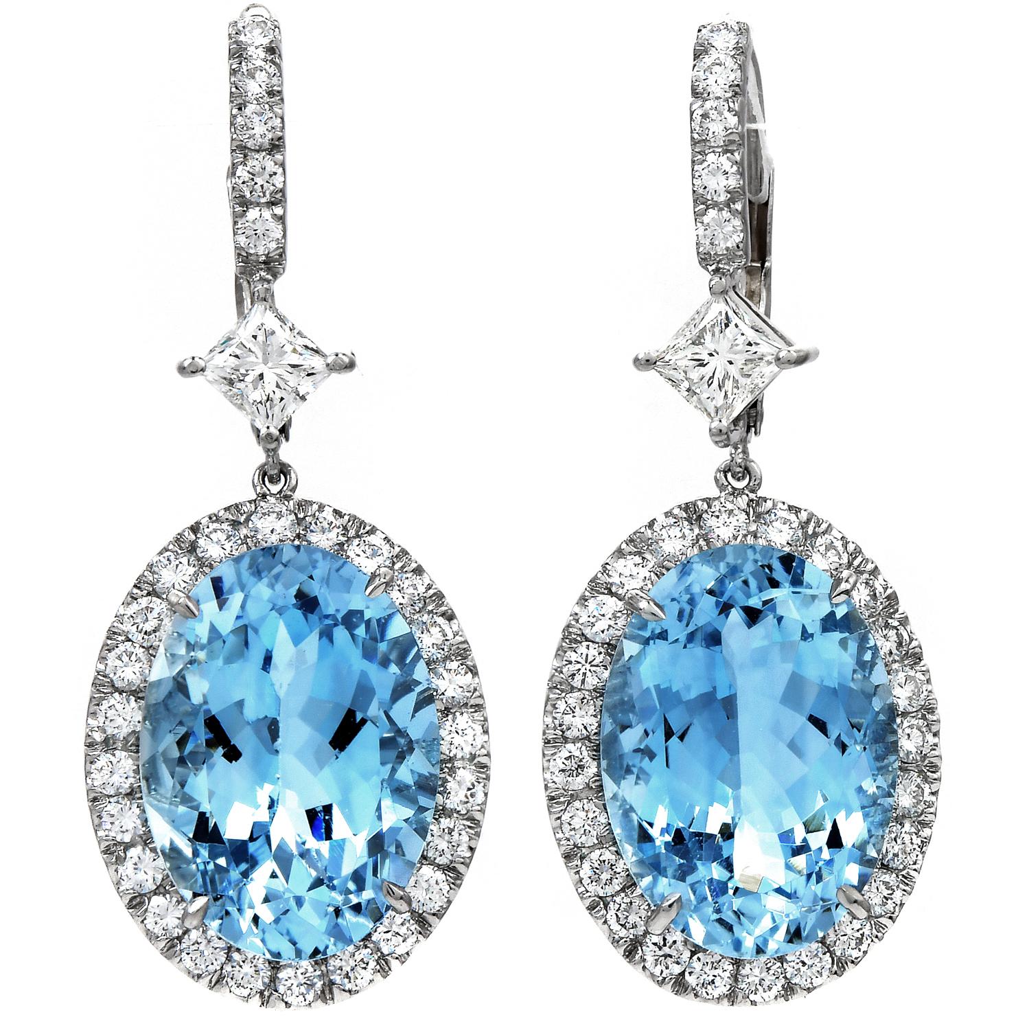 1980s GIA Aquamarine Diamond Platinum Dangle Drop Pendant Earrings In Excellent Condition For Sale In Miami, FL